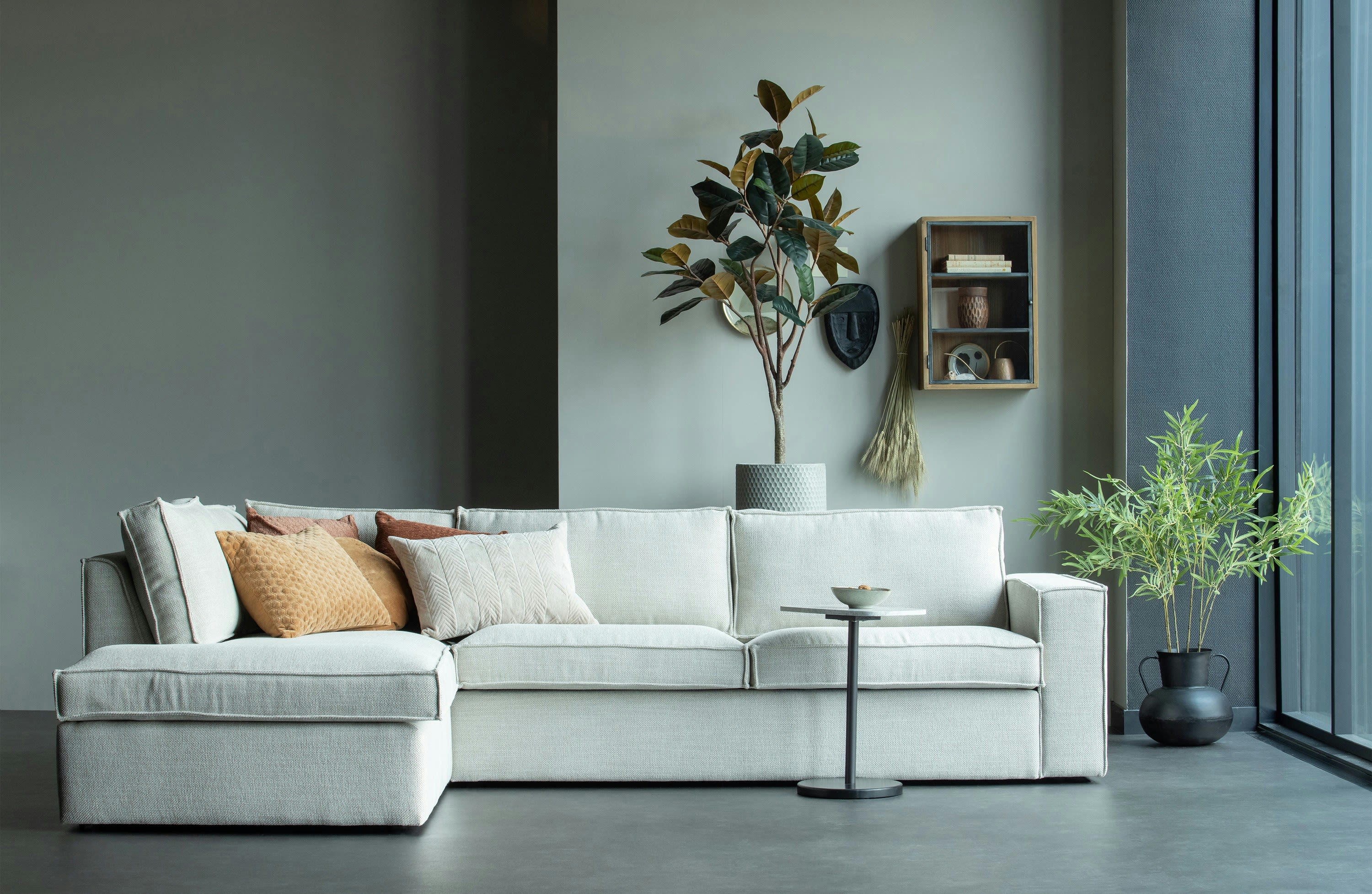 FREDDIE - Canapé d'angle gauche 3 places en tissu blanc cassé