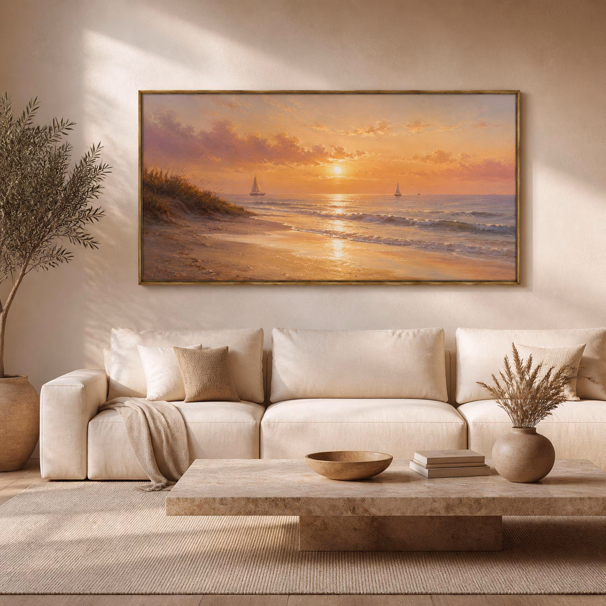 Golden Beach Sunset Art, Sailboat Coastal Seascape, Panoramic Ocean Decor