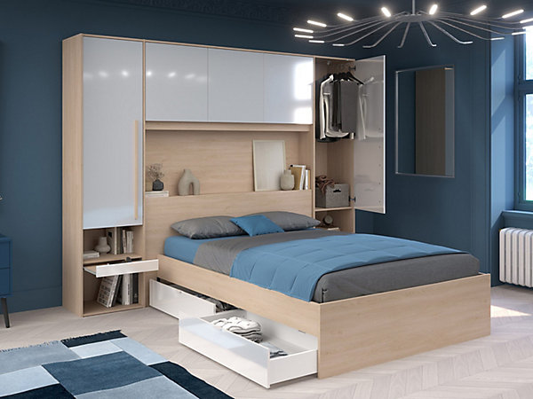 Lit pont 140 x 190 cm avec rangements - Avec LEDs - Coloris : Naturel et blanc brillant - VELONA
