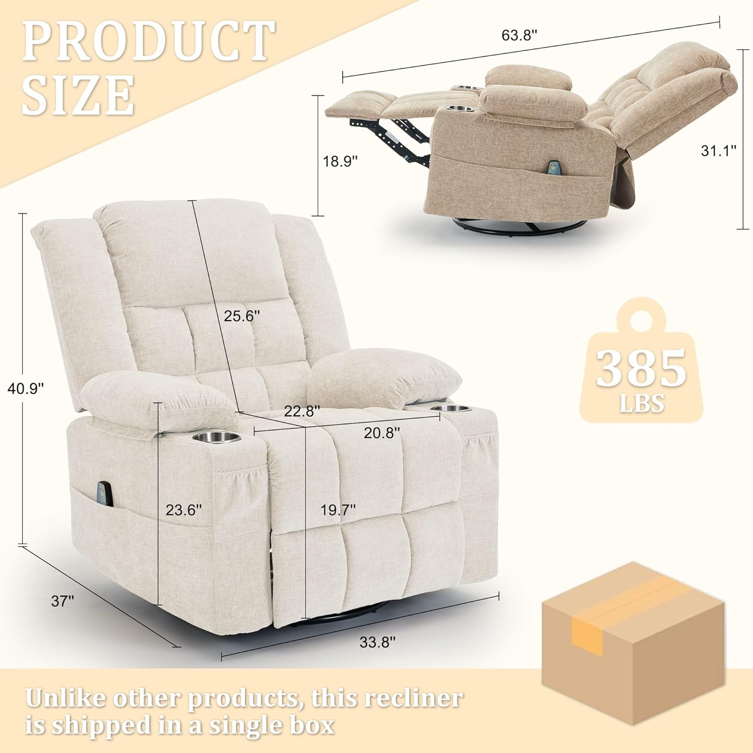 Korser 360° Swivel Rocker Recliner for Adults, Nursery Glider Recliner with Massage and Heating, Rocking Chair with Cup Holder, Manual Recliner Chair for Living Room, Bedroom (Fabric, Beige)