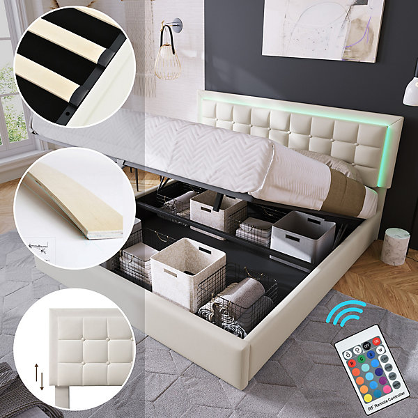 Lit Double Coffre 180x200 cm, Lit Capitonné avec LED, Structure en Similicuir, Sans Matelas - Blanc