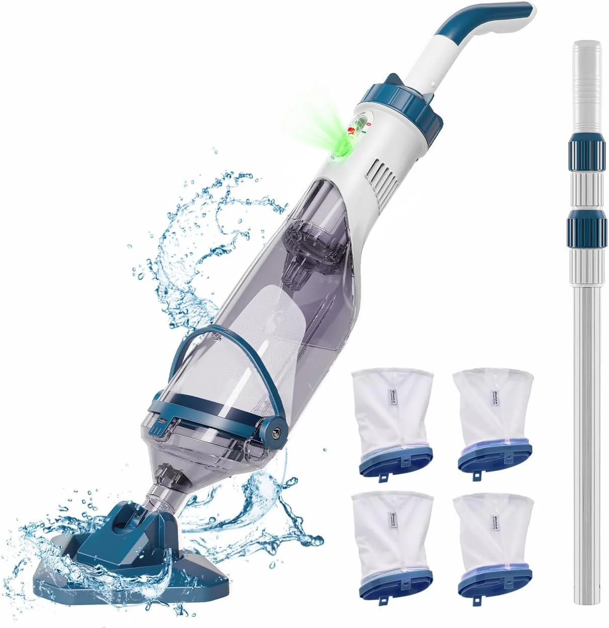 Pool Vacuum for Above Ground Pool with a Telescopic Pole, Running time up to 1H, T403 Handheld Rechargeable Pool Cleaner with Powerful Suction up to 18.5 gallons/min, Ideal for Leaves, Debris(L2/Blue)