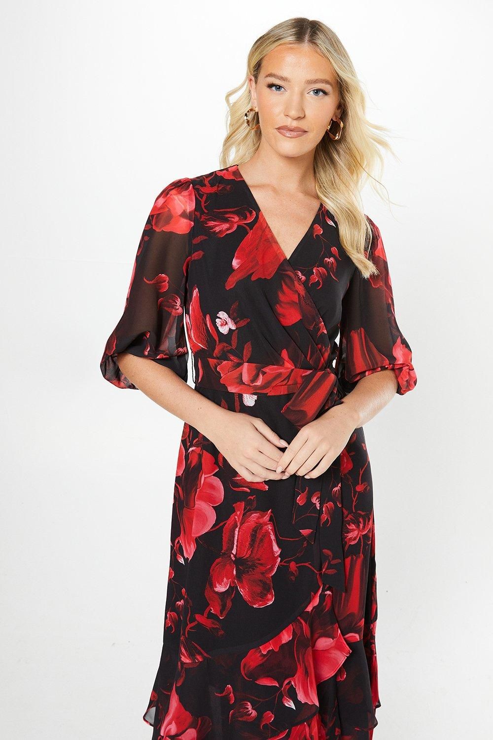 Debut London Debut London By Coast Printed Chiffon Tiered Wrap Dress