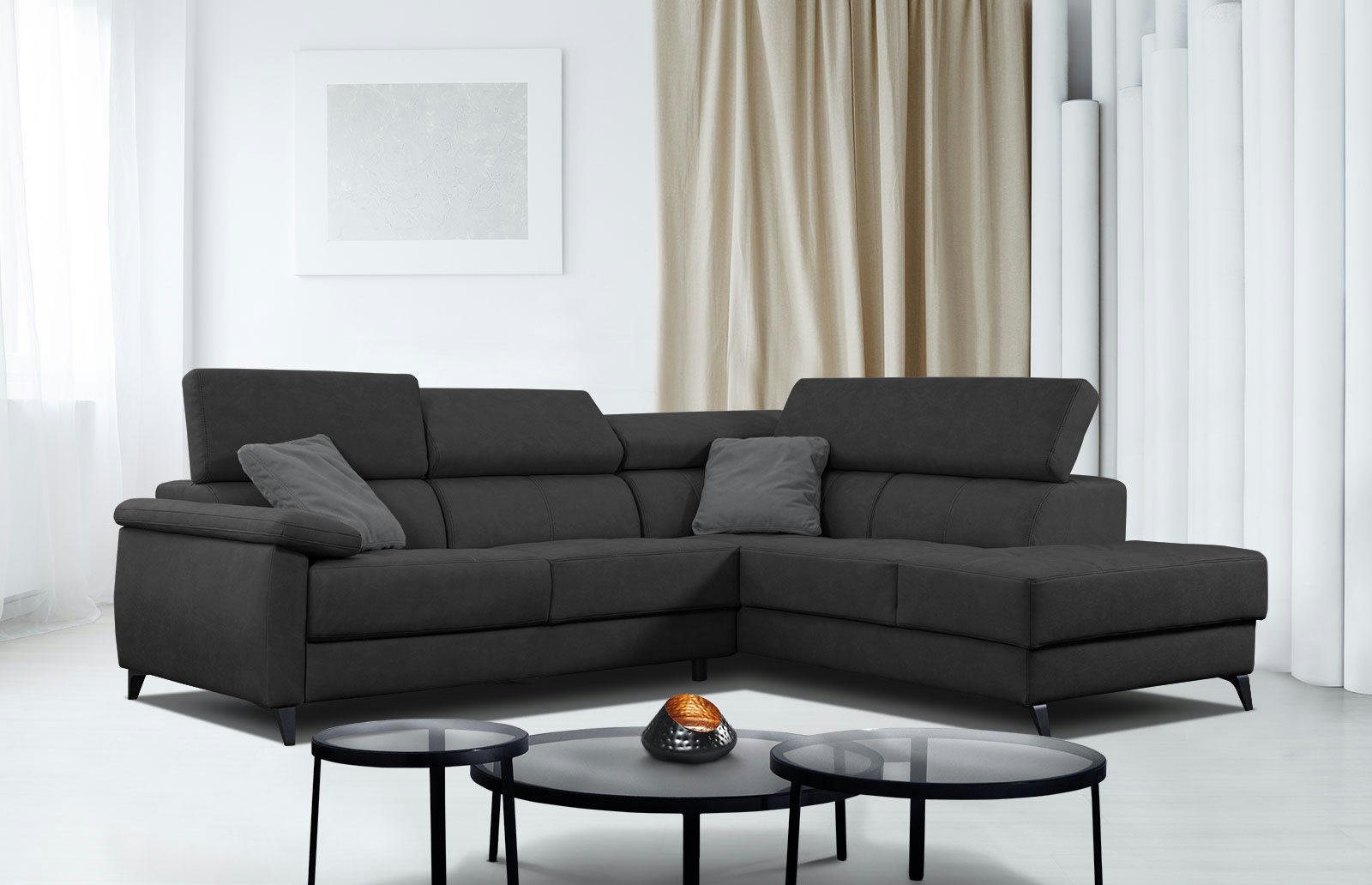 TAUNUS - Canapé d'angle droit 5 places noir