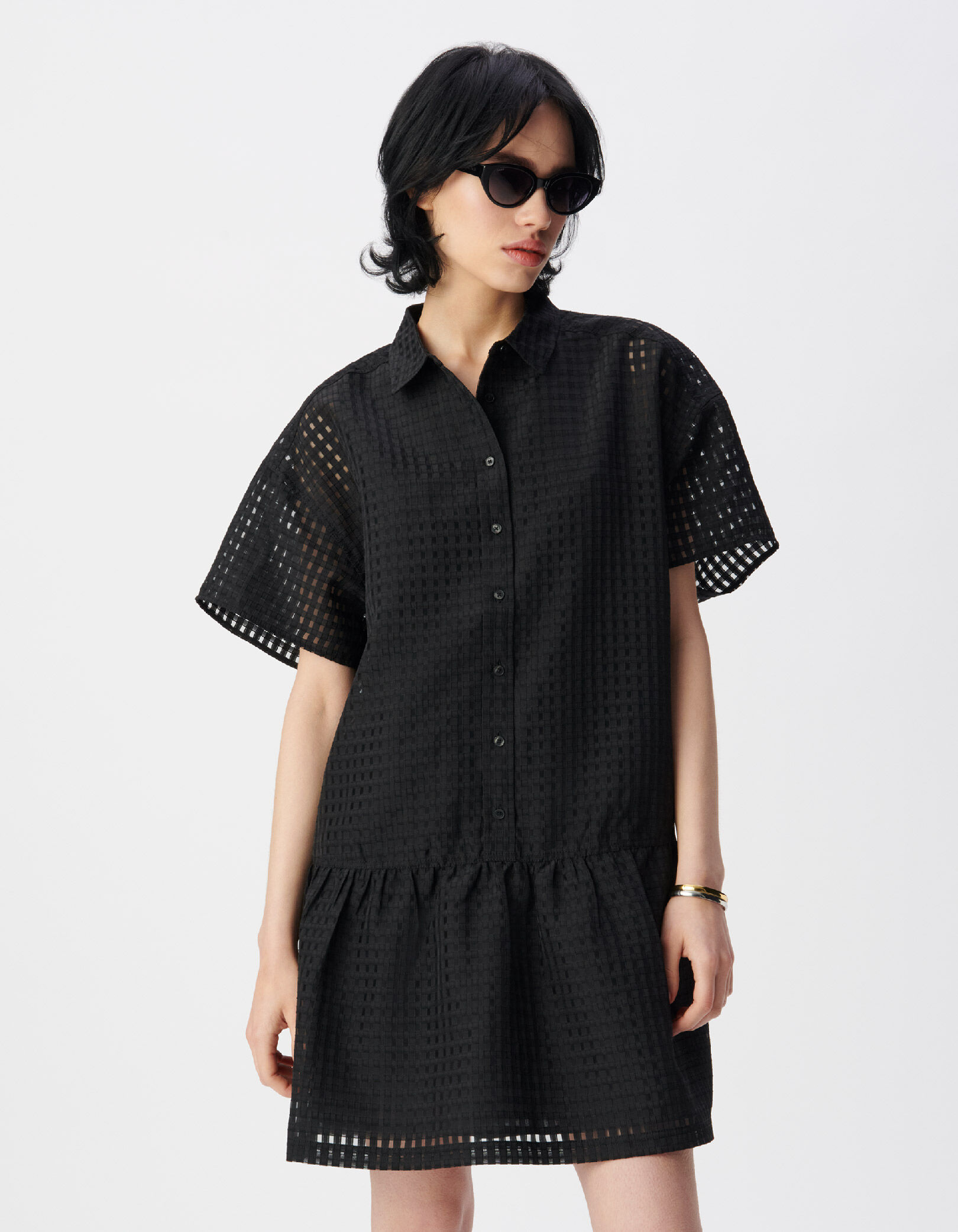 Robe noire motif carreaux ajourés Femme