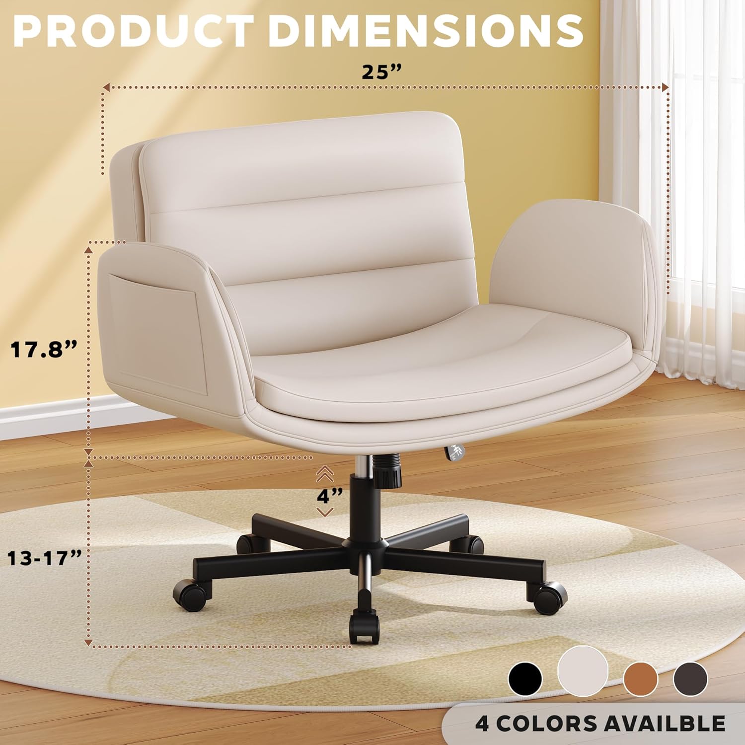 Criss Cross Chair with Flip-Up Arms & Swivel Wheels, Vanity Chair with Adjustable Height & Side Pockets, Comfortable Wide Seat Reclining Computer Office Desk Chairs for Home Office, Make Up, Bed Room