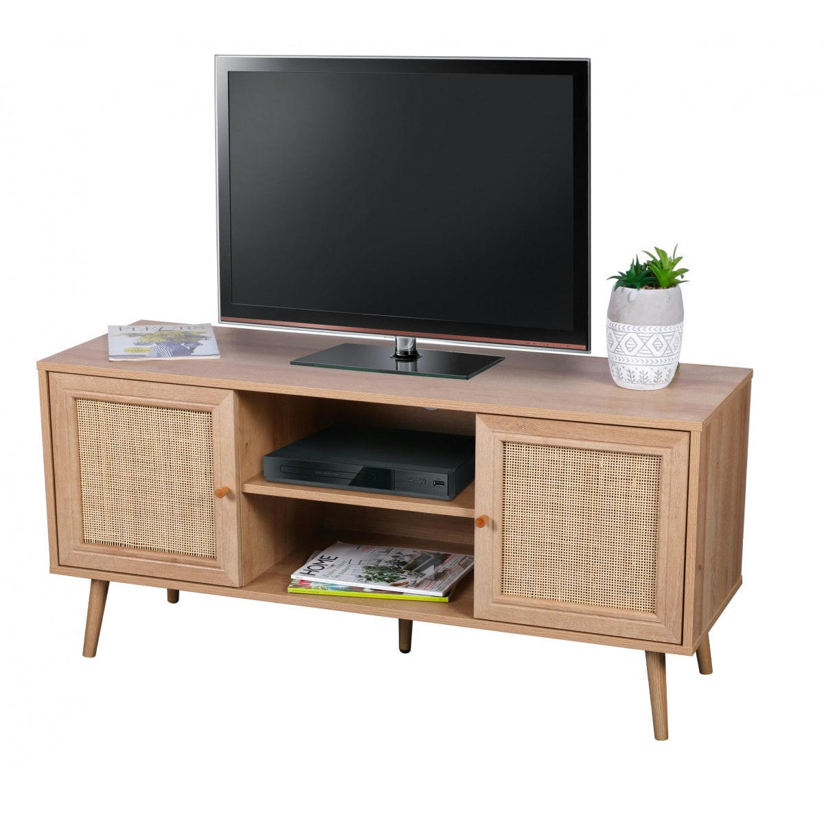 - Meuble de télévision bois et rotin - 120x39x56.5cm