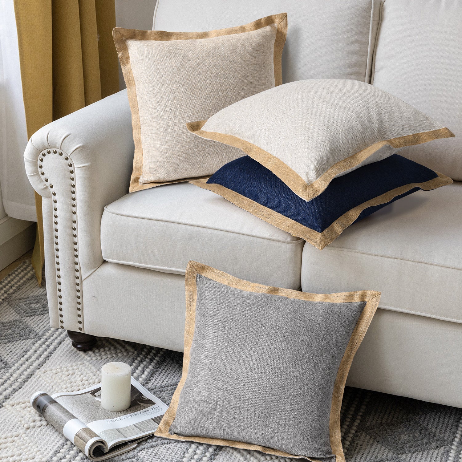 2 Piece Handmade Vintage Faux Rustic Decorative Pillow Covers with Linen Edge