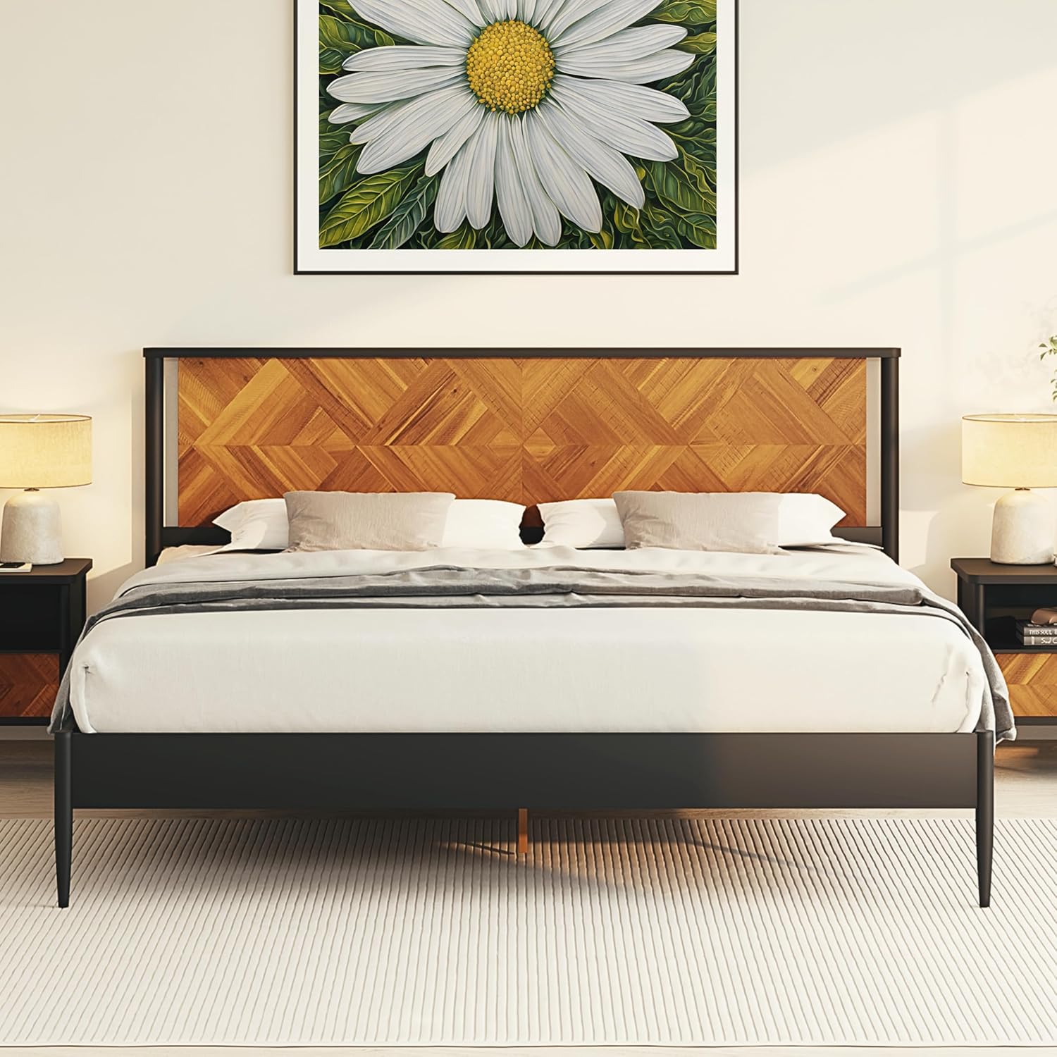 14 Inch Premium Solid Wood Bed Frame with Headboard, Rustic Farmhouse Style Platform Bed Made of 100% Solid Acacia Wood, No Box Spring Needed, King Size, Rustic Golden Brown (Lenia Collection)