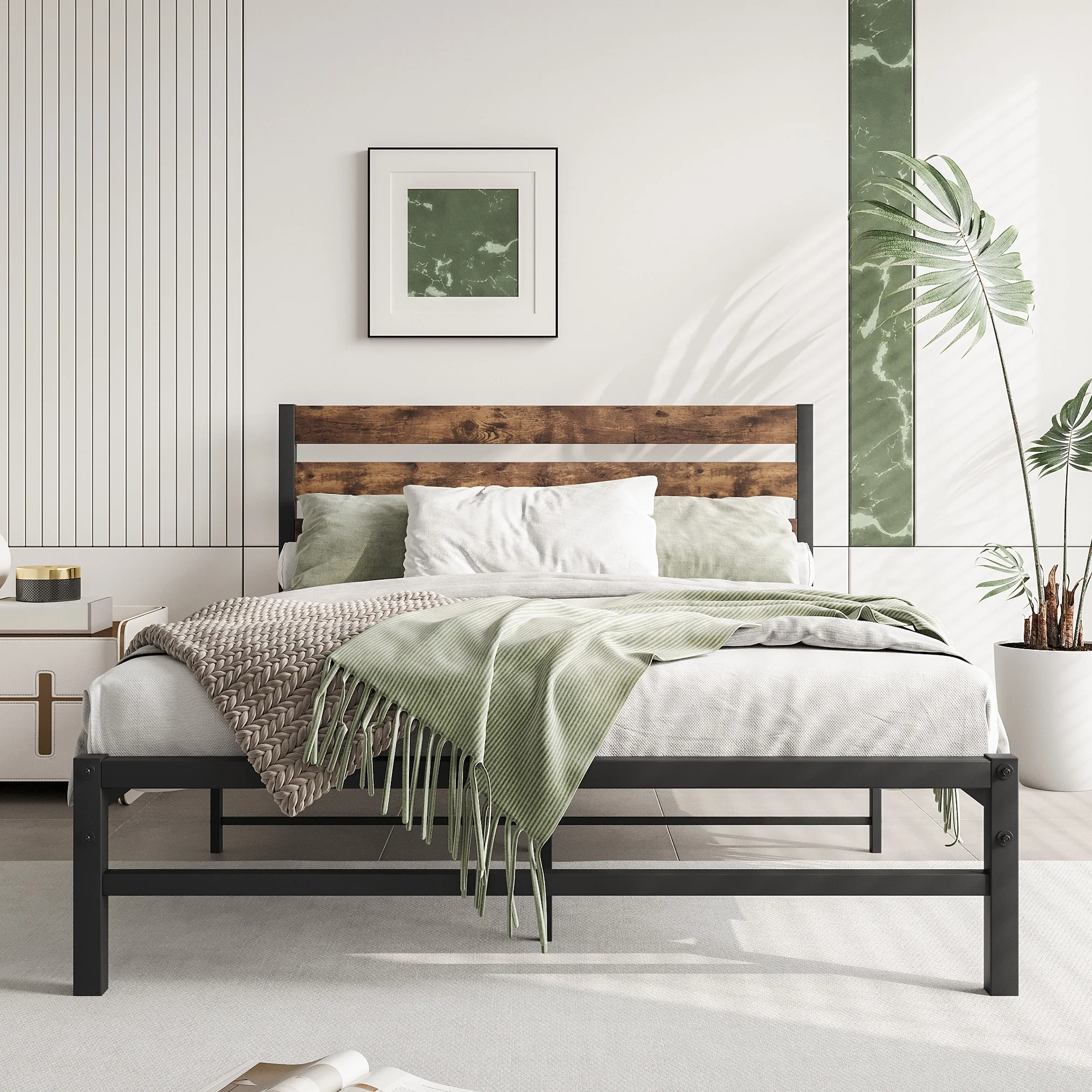 Full Size Platform Bed Frame with Rustic Vintage Wood Headboard