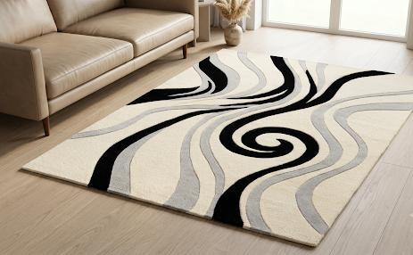 Modern Abstract Black and Gray Swirl Tufted Rug Cream Wool Area Carpet Contemporary Handmade Living Room Decor Luxury Floor Art