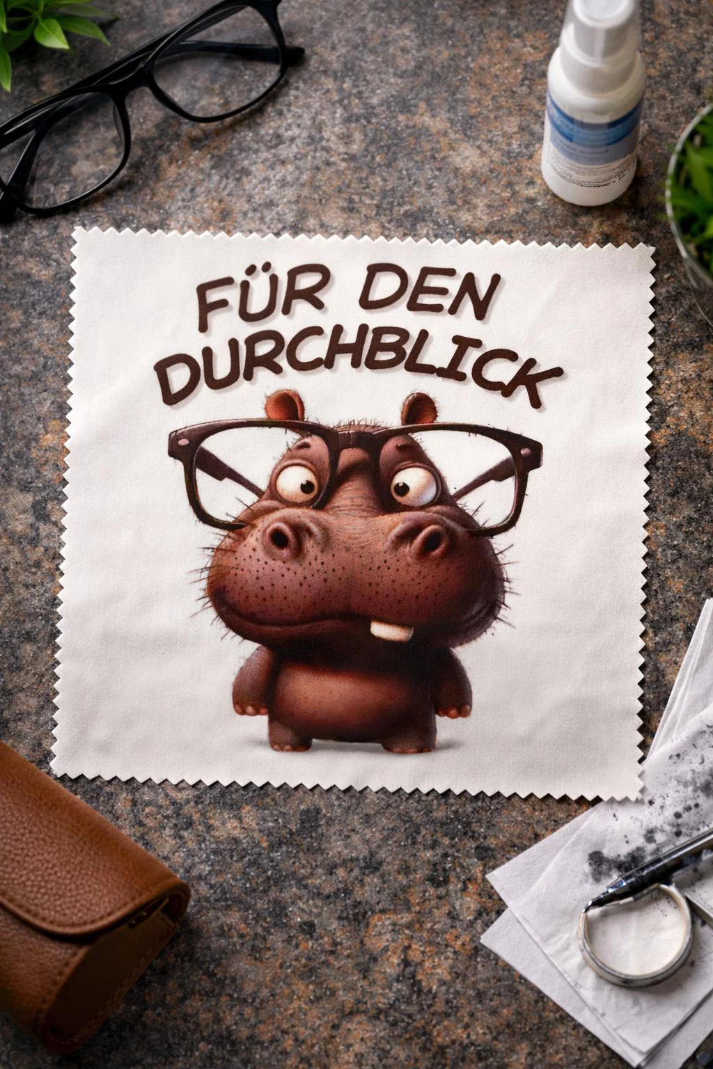 Funny eyeglass cleaning cloth “For Clear Vision” with a hippo motif – gift for eyeglass wearers – microfiber cloth for glasses & screen