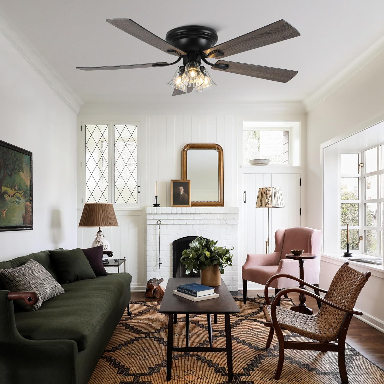 52'' Flush Mount Ceiling Fans with Lights and Remote Control,Reversible DC Motor,5 Reversible Blade,6 Speeds,Rustic Farmhouse Ceiling Fan for Living Room,Dining Room,Bedroom