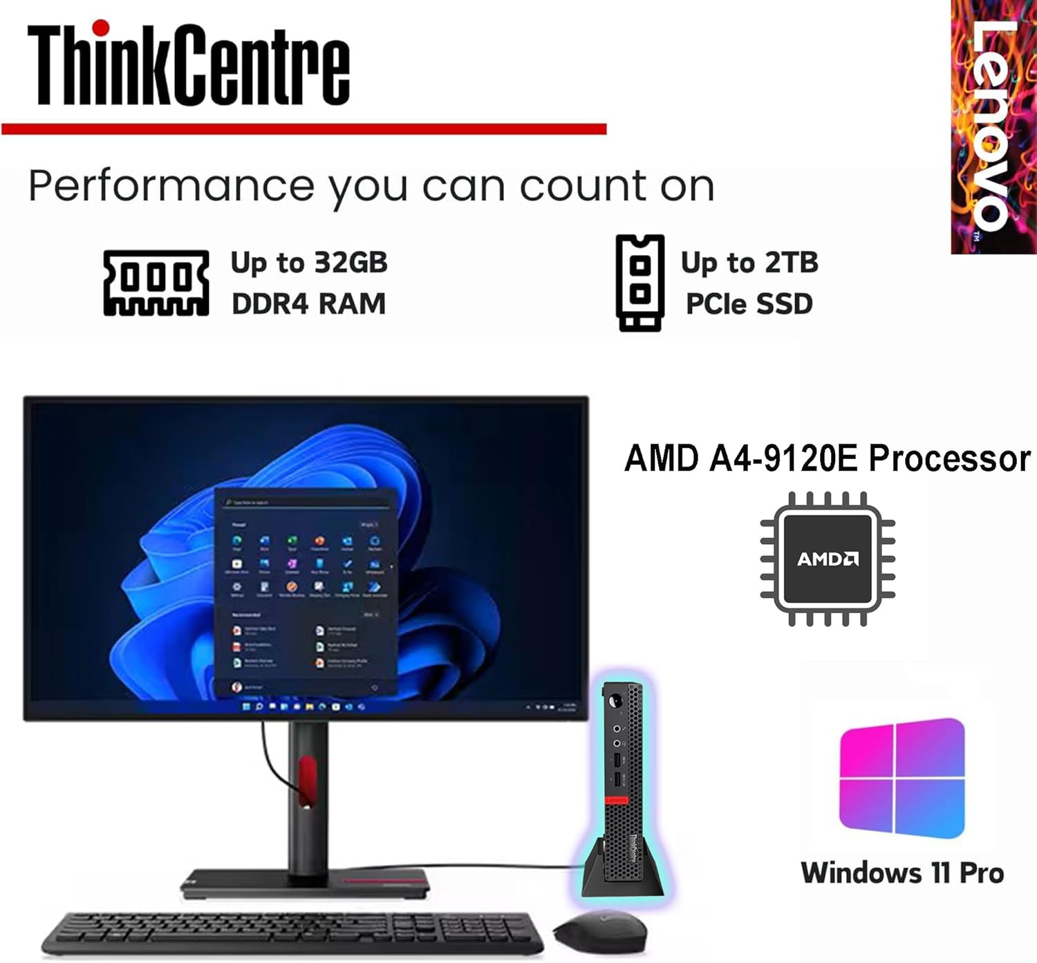 Lenovo ThinkCentre Micro Desktop  16GB DDR4 RAM  512GB SSD Drive  AMD Processor & Graphics  Dual-Display Support  Wi-Fi  Bluetooth  USB  RJ-45  Windows 11 Pro  Business-Grade  Home-Friendly