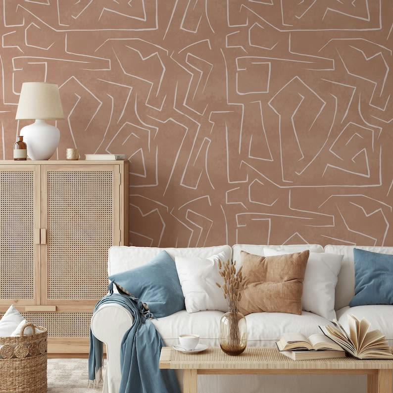 MODERNE - Papier Peint Graffiti Moderne sur Fond Rose Saumoné 250x200 cm