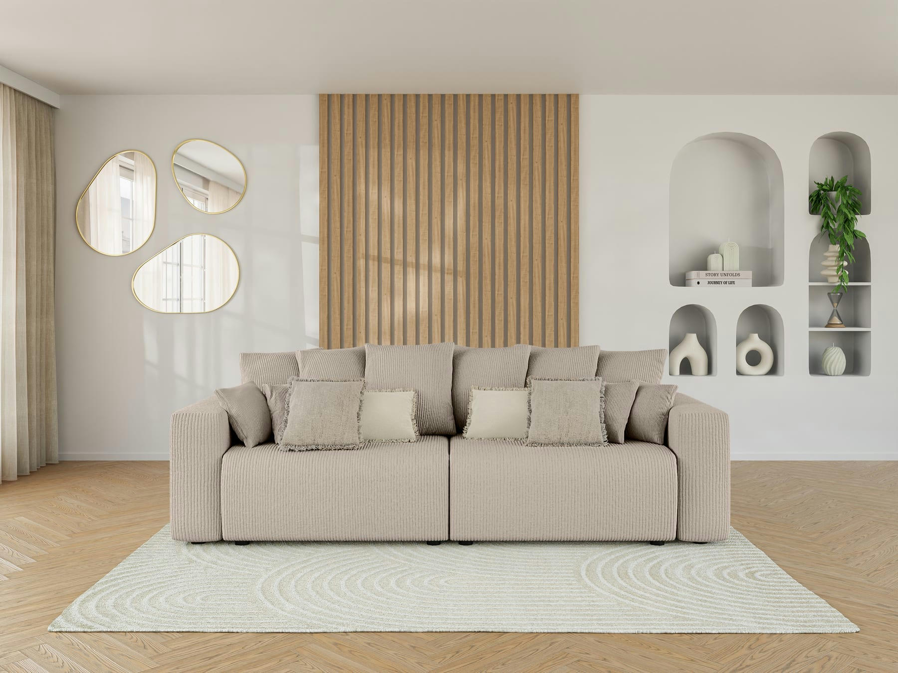 LEA - Canapé droit convertible en velours côtelé 3 places grège