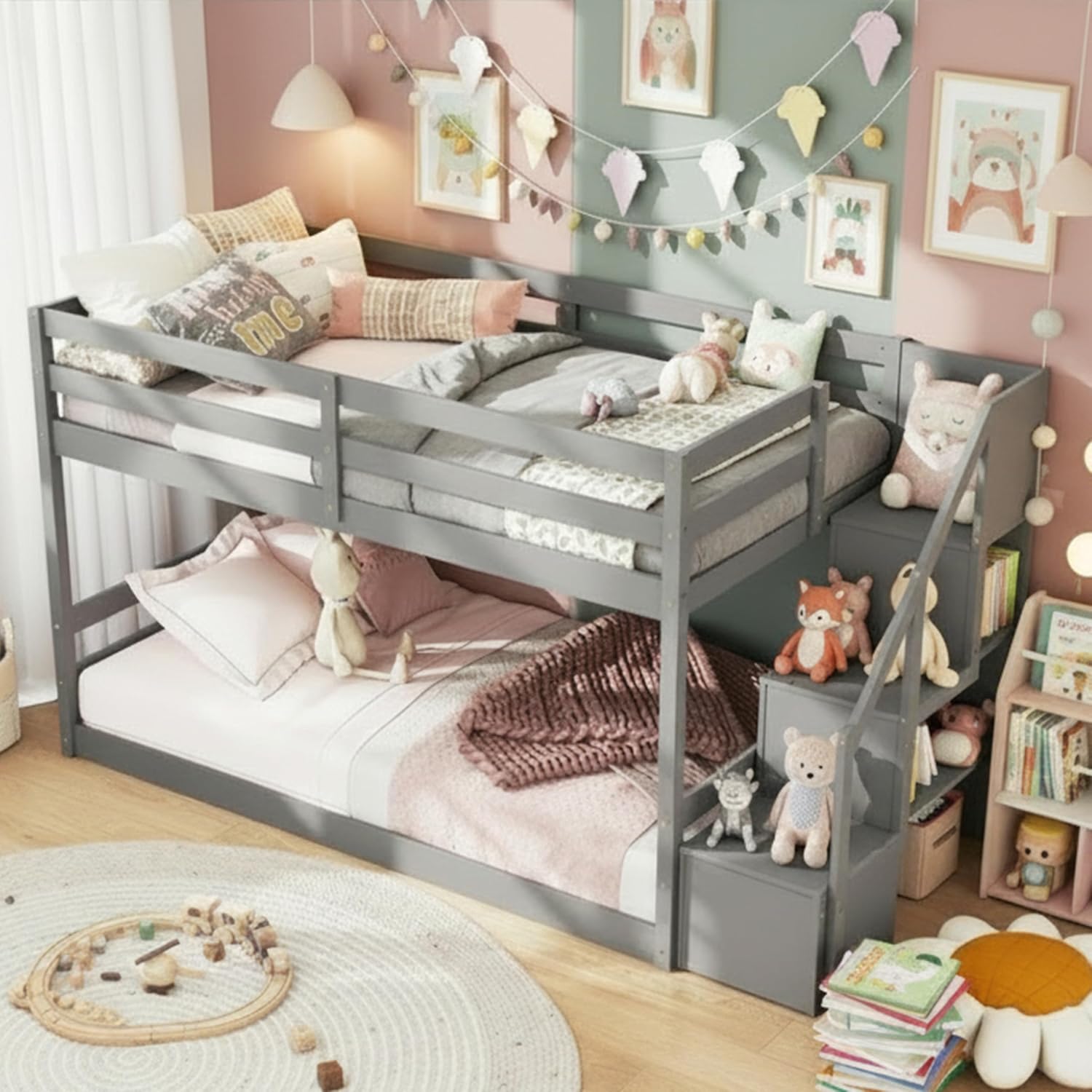 KOMFOTT Wood Twin Over Twin Low Bunk Bed with Storage Staircase, Wooden Bunk Bed Frame with Full-Length Guardrails, Low Profile Kids Bed with Slats Support, No Box Spring Needed (Grey)