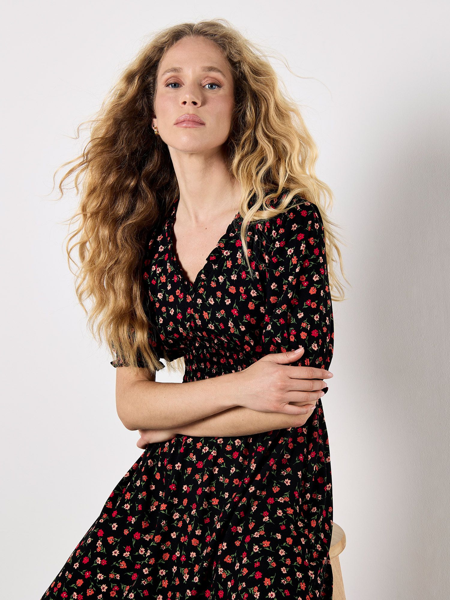 Apricot Ditsy Floral Smocked Midi Dress