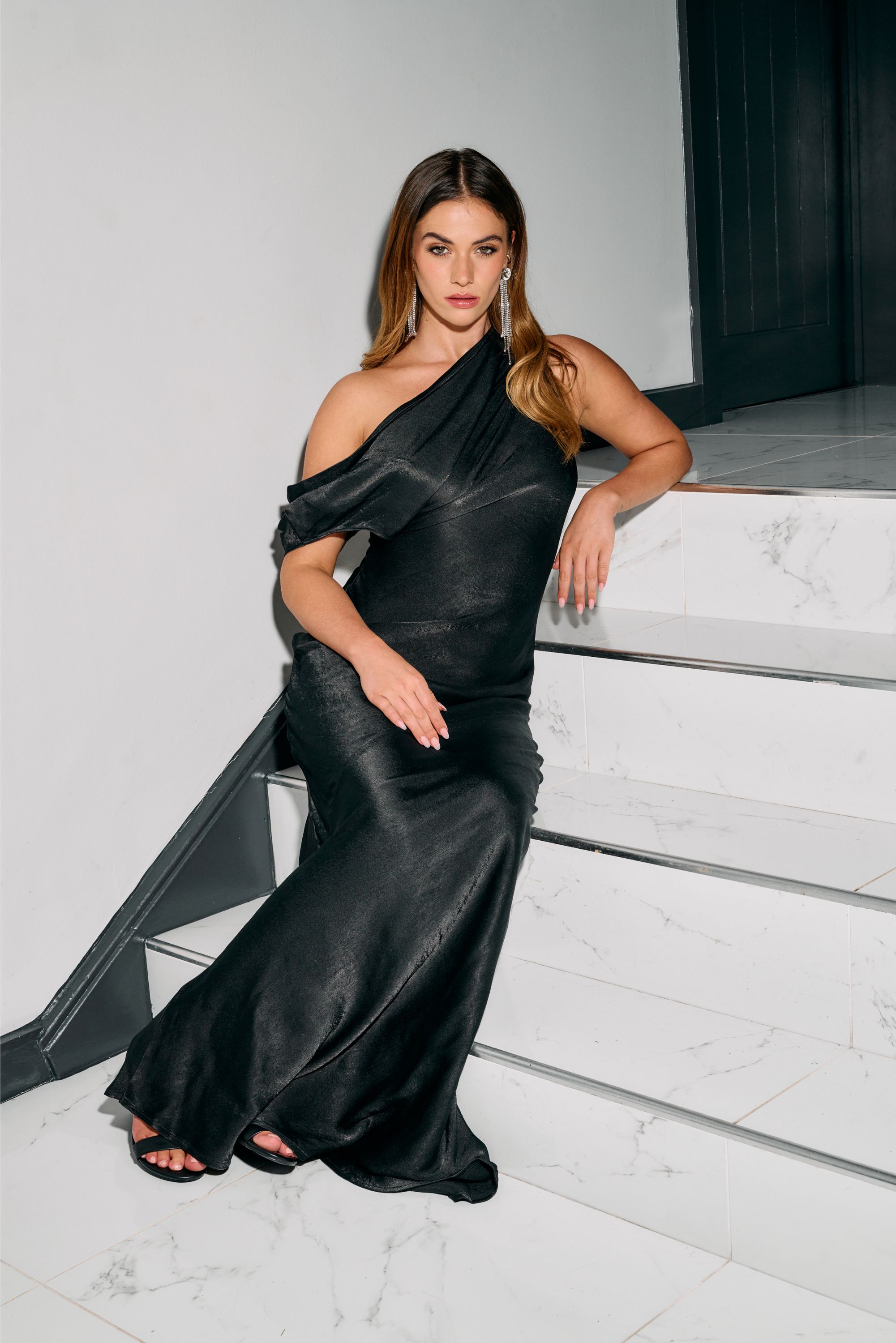Finding Friday Hammered Satin Asymmetric Bias Maxi Dress