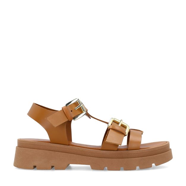 Cognac leren plateau sandalen met goudkleurige buckles