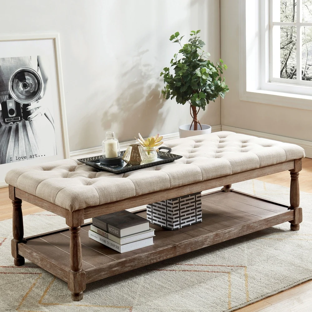 Brookside Rustic Wood Tufted 1-Open Shelf Bench by The Gray Barn