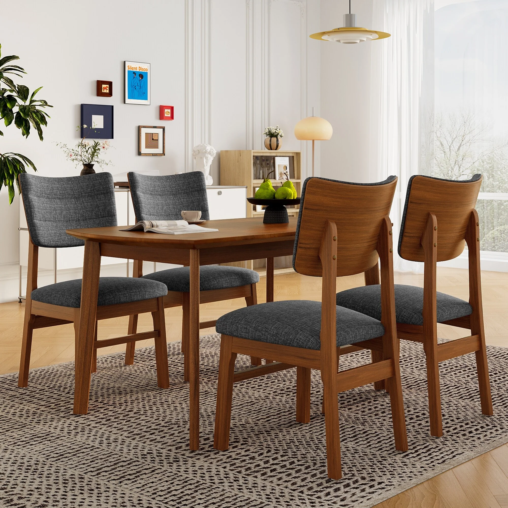 Dining Chairs Set of 4, Wooden Dining Chair Armless, Mid-Century Modern Upholstered Linen Seat Cushion Dining Room Chair