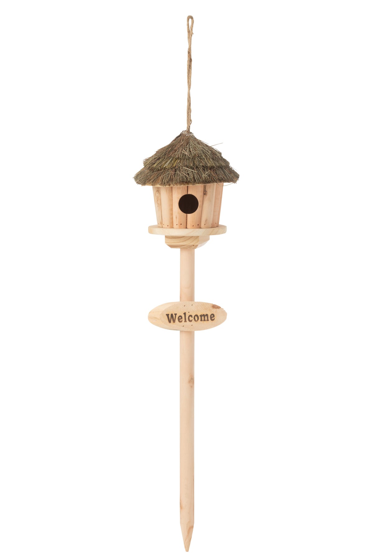 J-Line vogelhuisje Op Paal Welcome - hout/droog gras - naturel