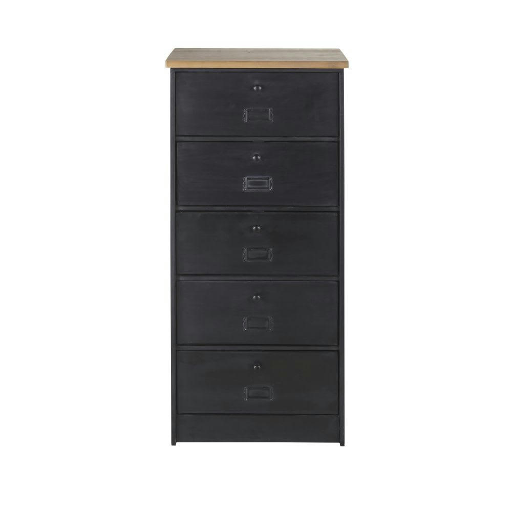 WYATT - Petit meuble 5 tiroirs en bois de sapin et métal noir