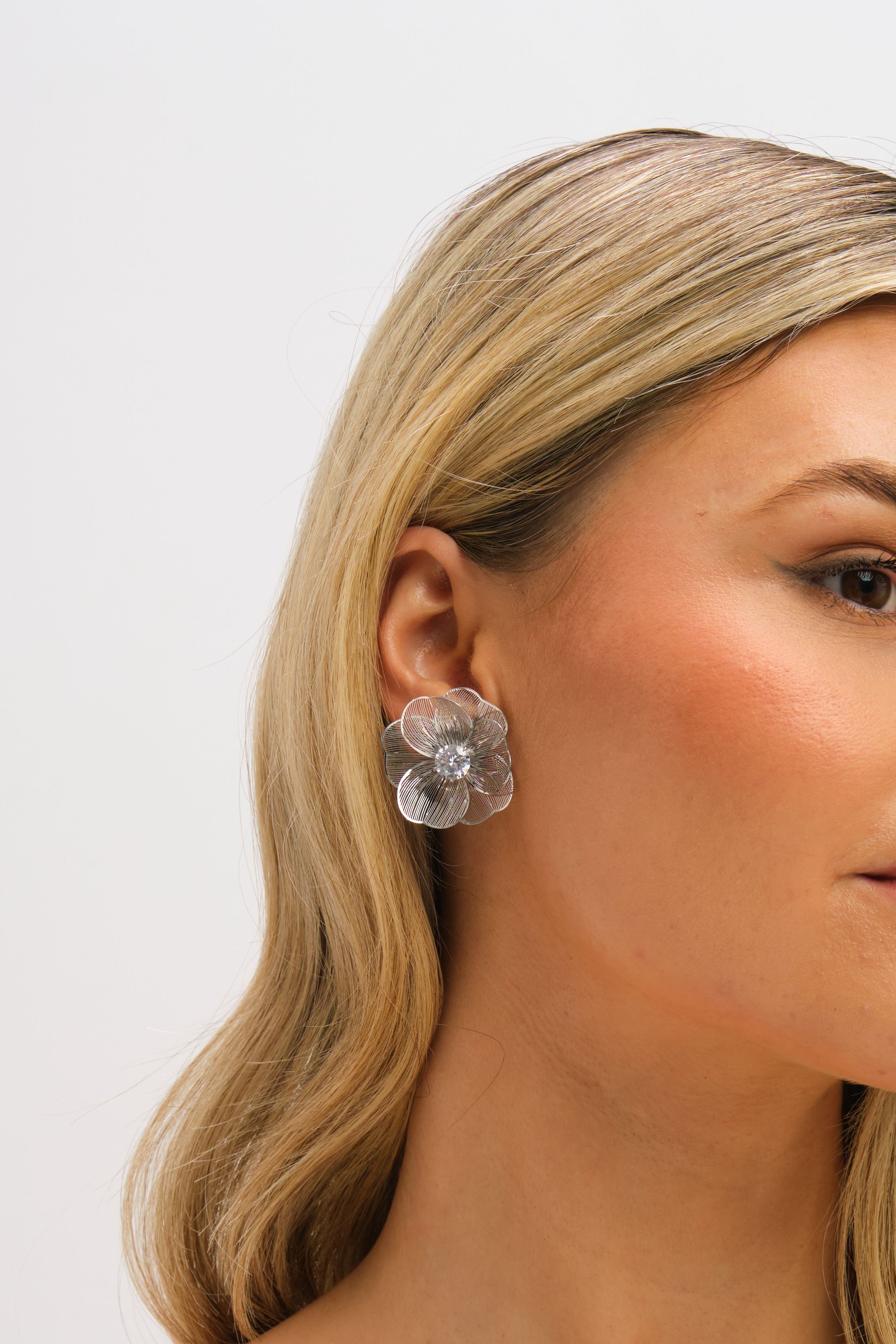 Jon Richard Rhodium Plated Crystal Statement Flower Earrings