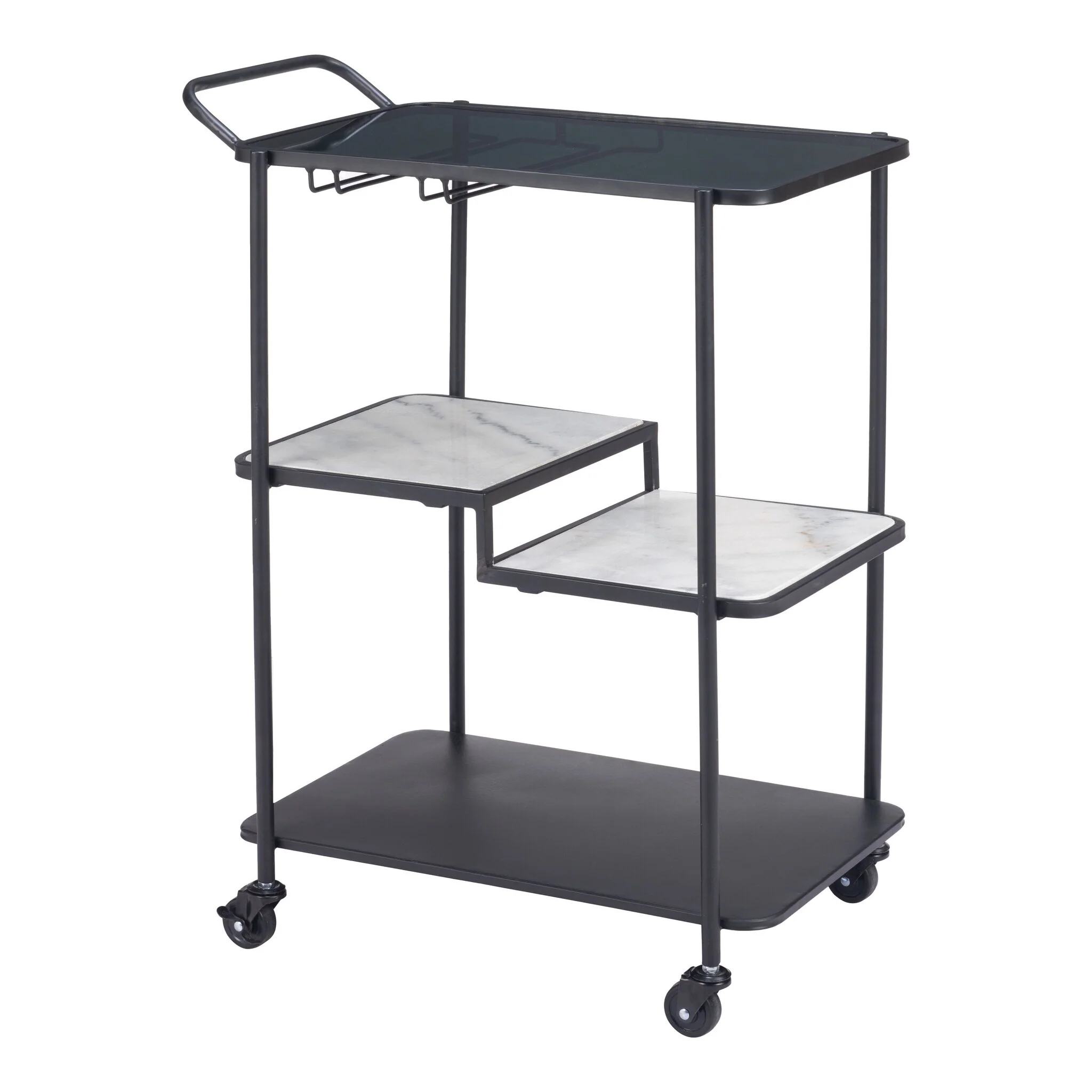 HomeRoots 32 Black And White Steel Glass And Marble Rolling Bar Cart - 32.3' X '32.3' X '24.8
