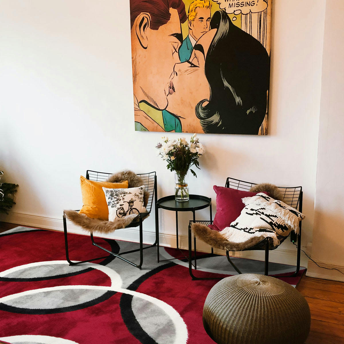 UNDERGOOD - Tapis effet laineux motifs cercles rouge et gris 120x170