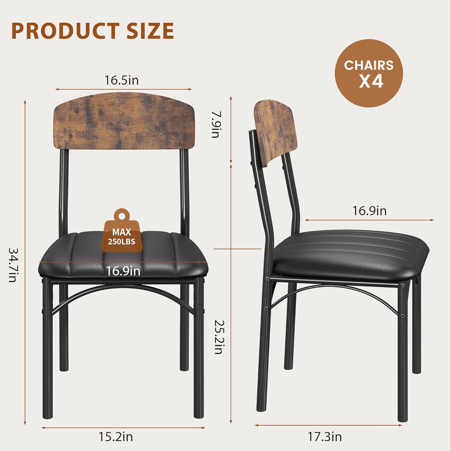 Jocoevol Dining Chairs Set of 4 - Upholstered Dining Room Chairs with PU Leather, Industrial Kitchen Chairs with Wooden Backrest and Thickened Metal Legs, for Dining Room, Living Room (Vintage)