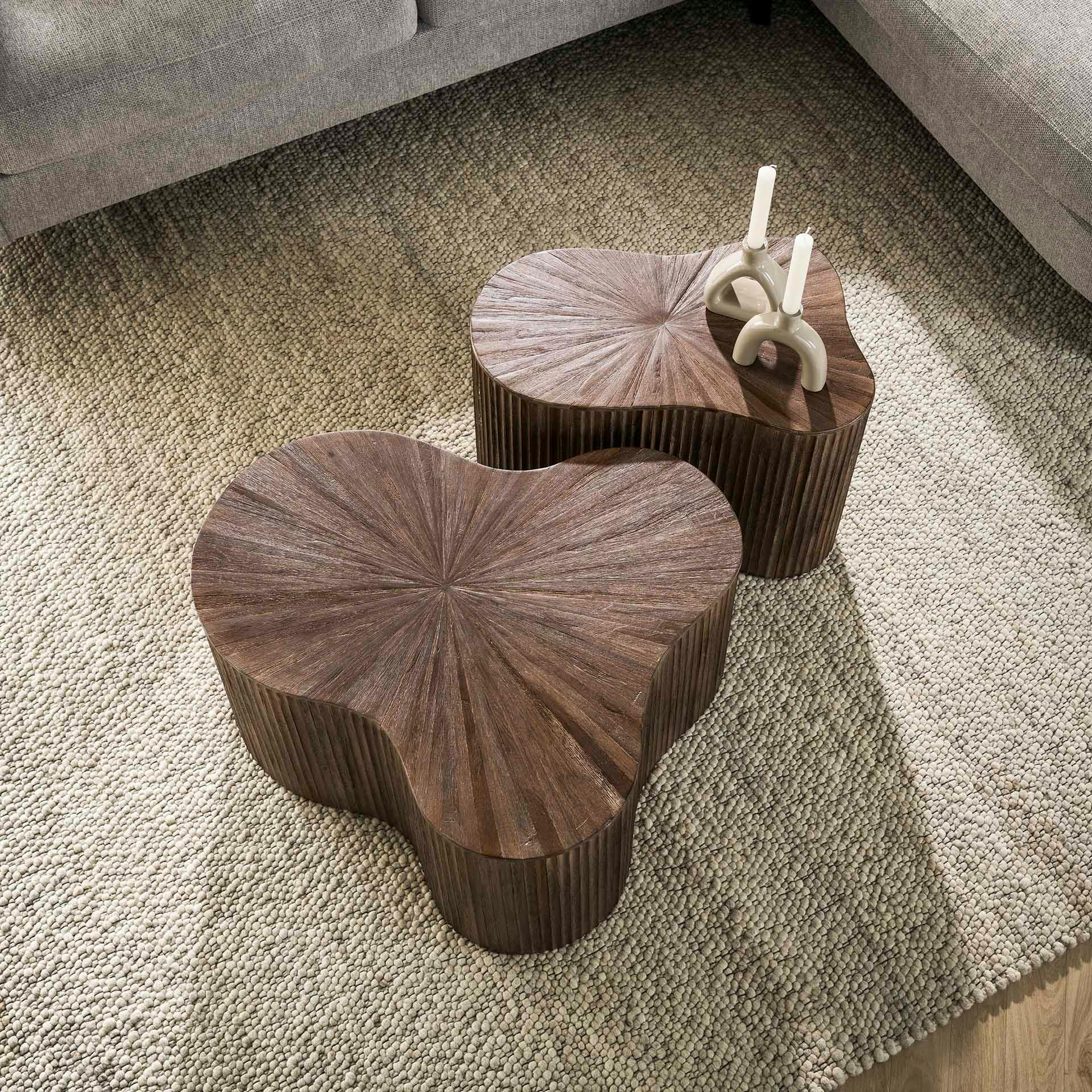 Table basse design en bois de teck avec plateau en marqueterie (lot de 2) YOGY