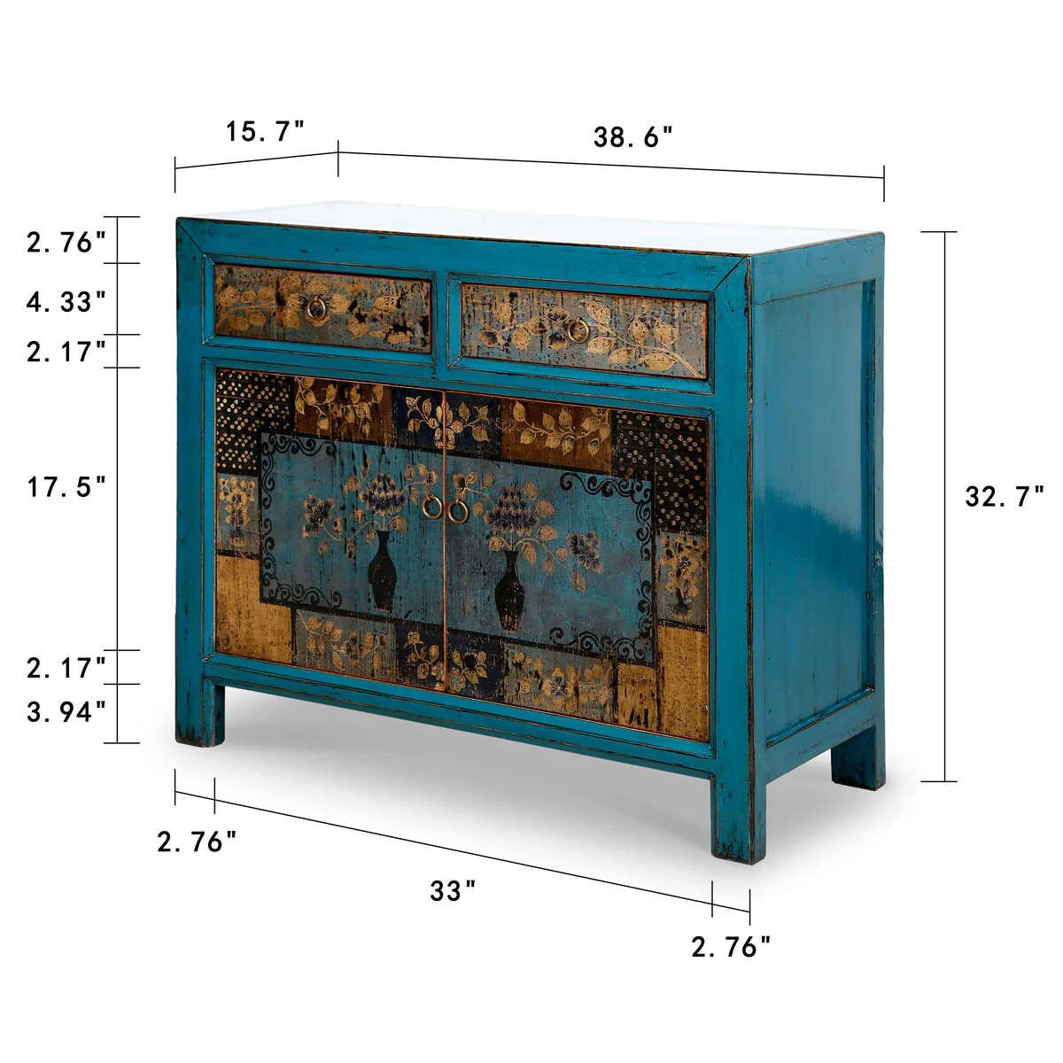 Artissance Floral Cabinet Antique Indigo With two Drawers 38X16X33H - 16 L x 38.5 W x 33 H