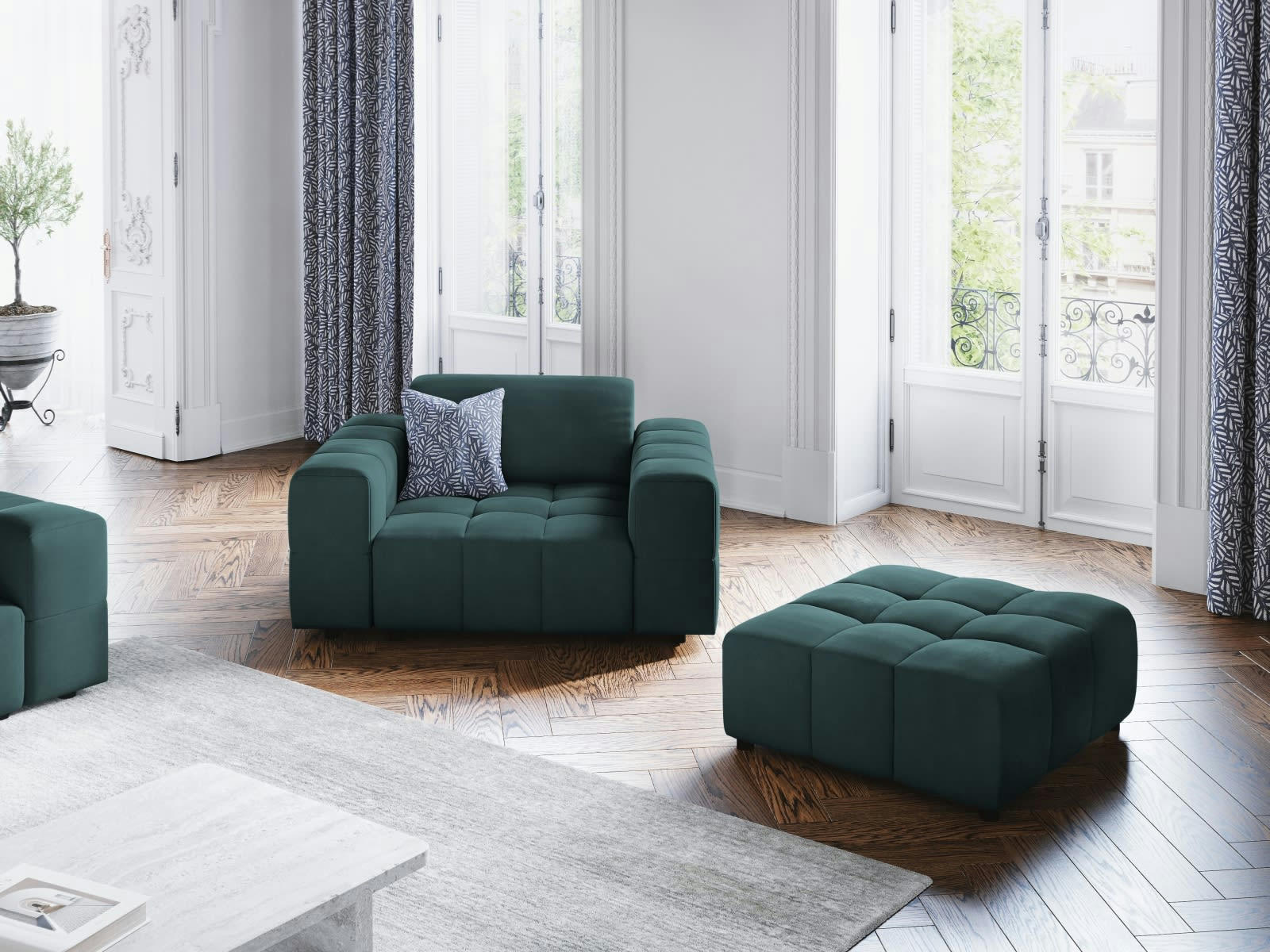 LUC - Pouf en tissu velours pétrole