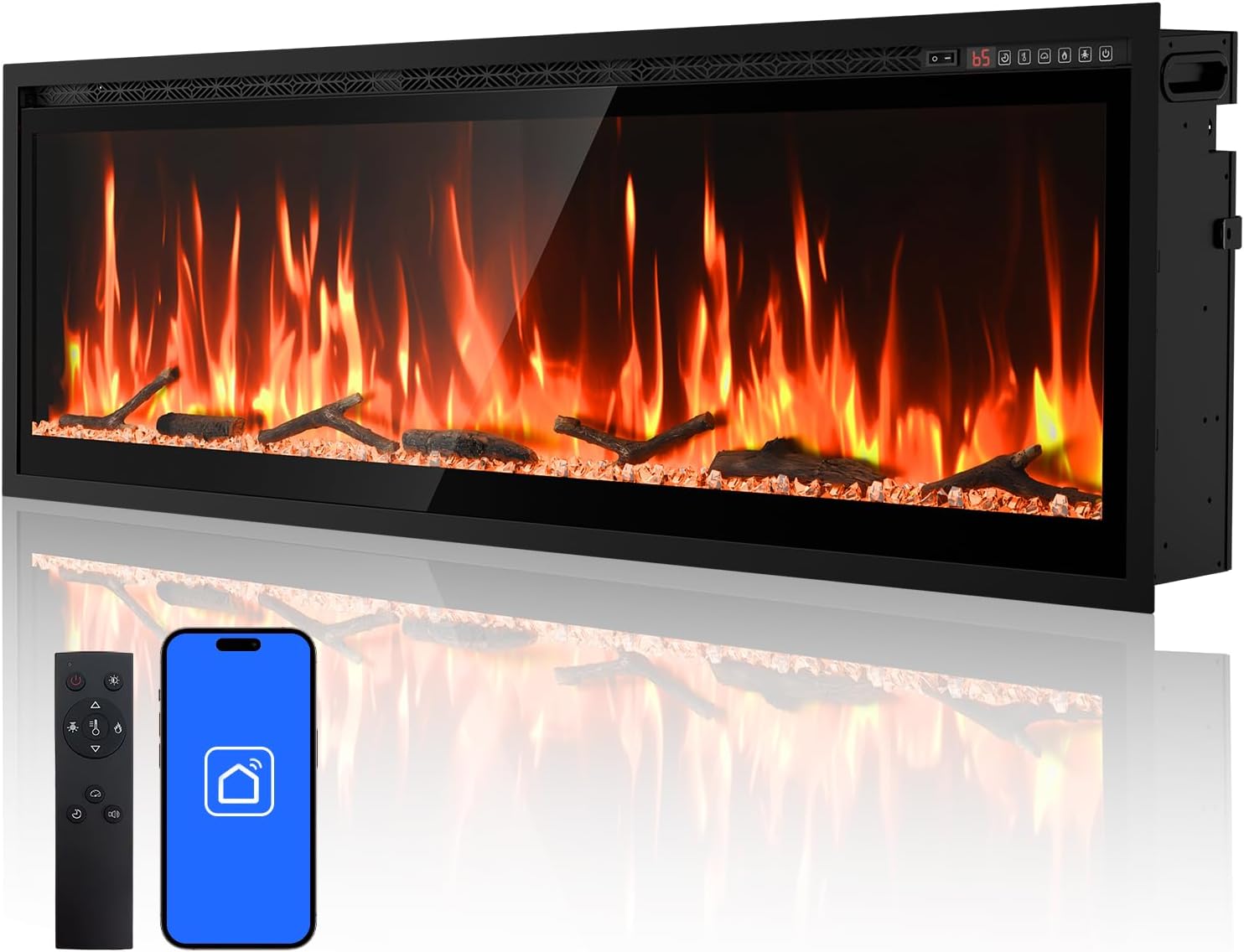 60” Smart Electric Fireplace with Voice Control, Realistic Flame, Crackling Sound, Wall Mounted or Recessed Fireplace Insert, App/Remote Control, Logs & Crystals Included for Living Room, Bedroom
