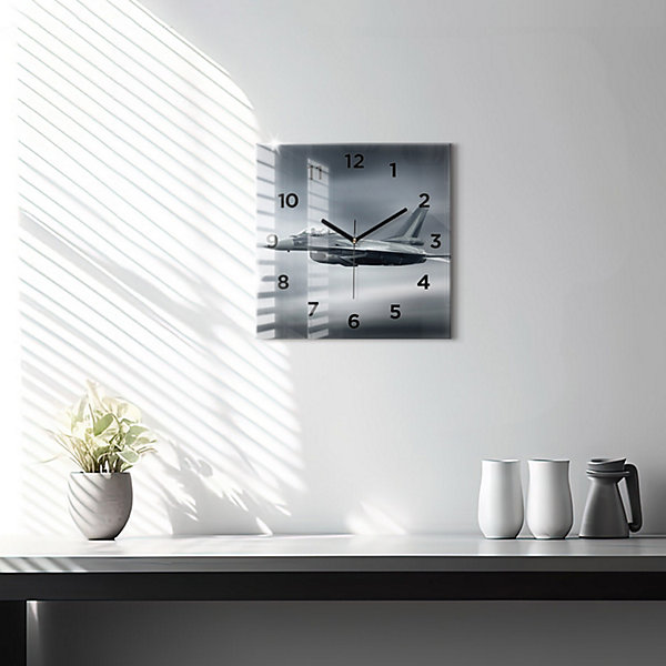 Horloge murale Wallfluent 30x30 cm Avec chiffres Aiguilles noires Avion militaire 1 pcs