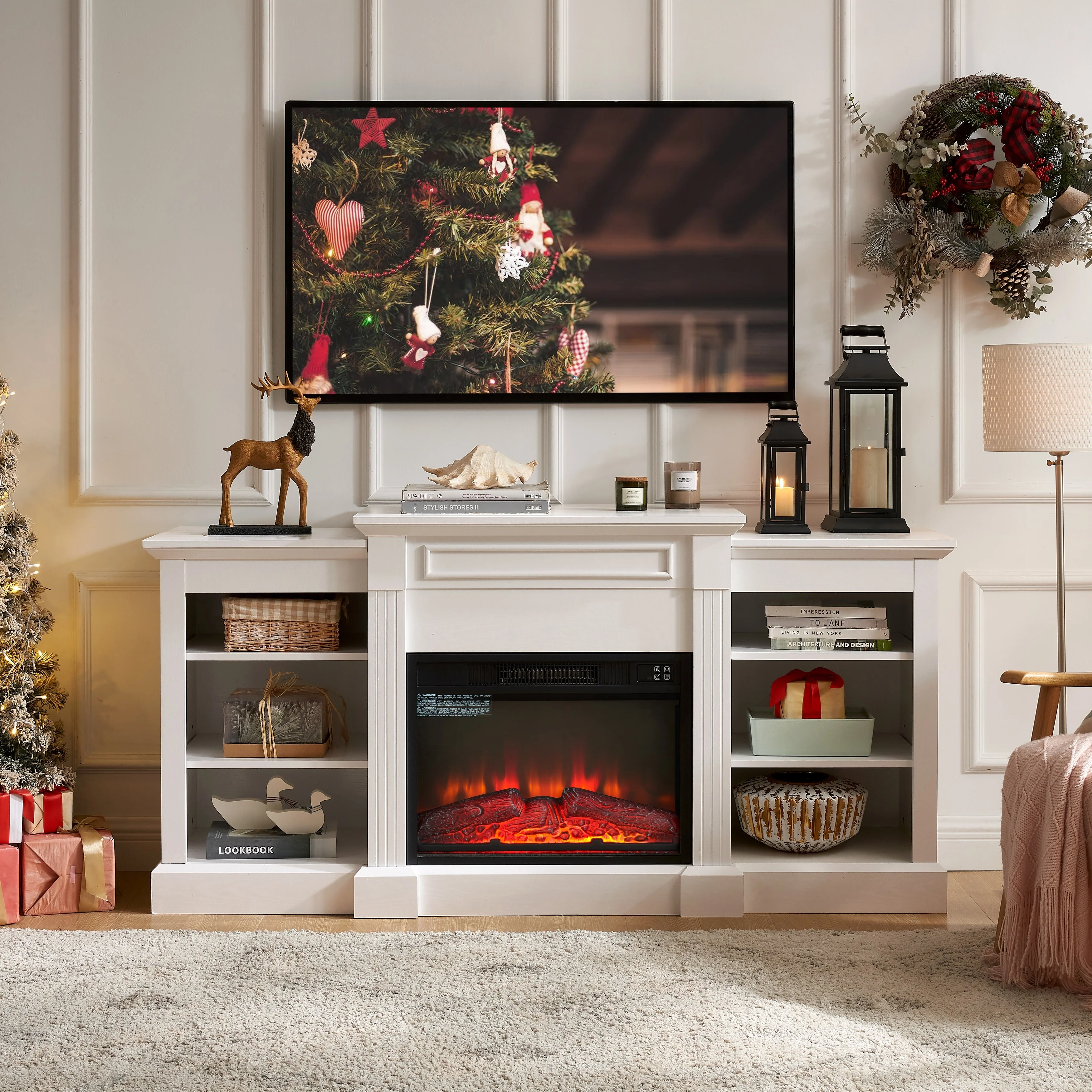 White 66 Fireplace TV Stand with Storage & Adjustable Shelves for TVs Up to 65