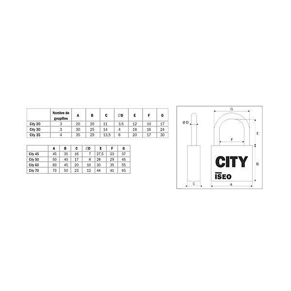 Cadenas CITY 20 3 clés hauteur 3,5mm - ISEO - 2021905