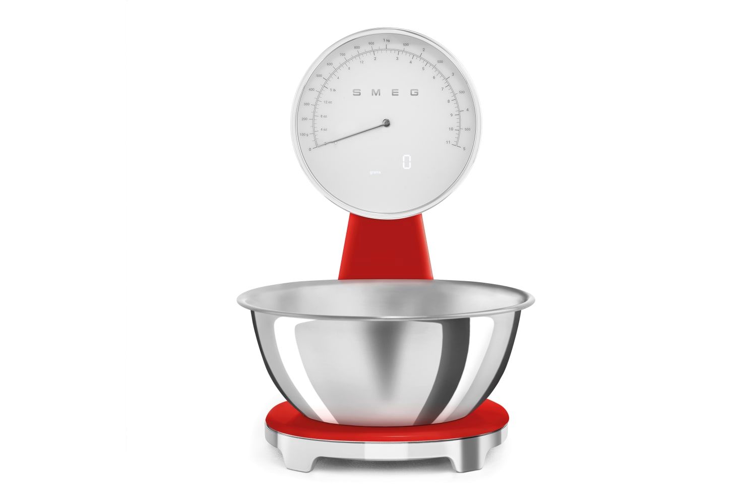 Smeg KSF01RDWW 50's Style Analogue and Rechargeable Digital Kitchen Scales with removeable stainless steel bowl, four units of measurement and LCD display, Red