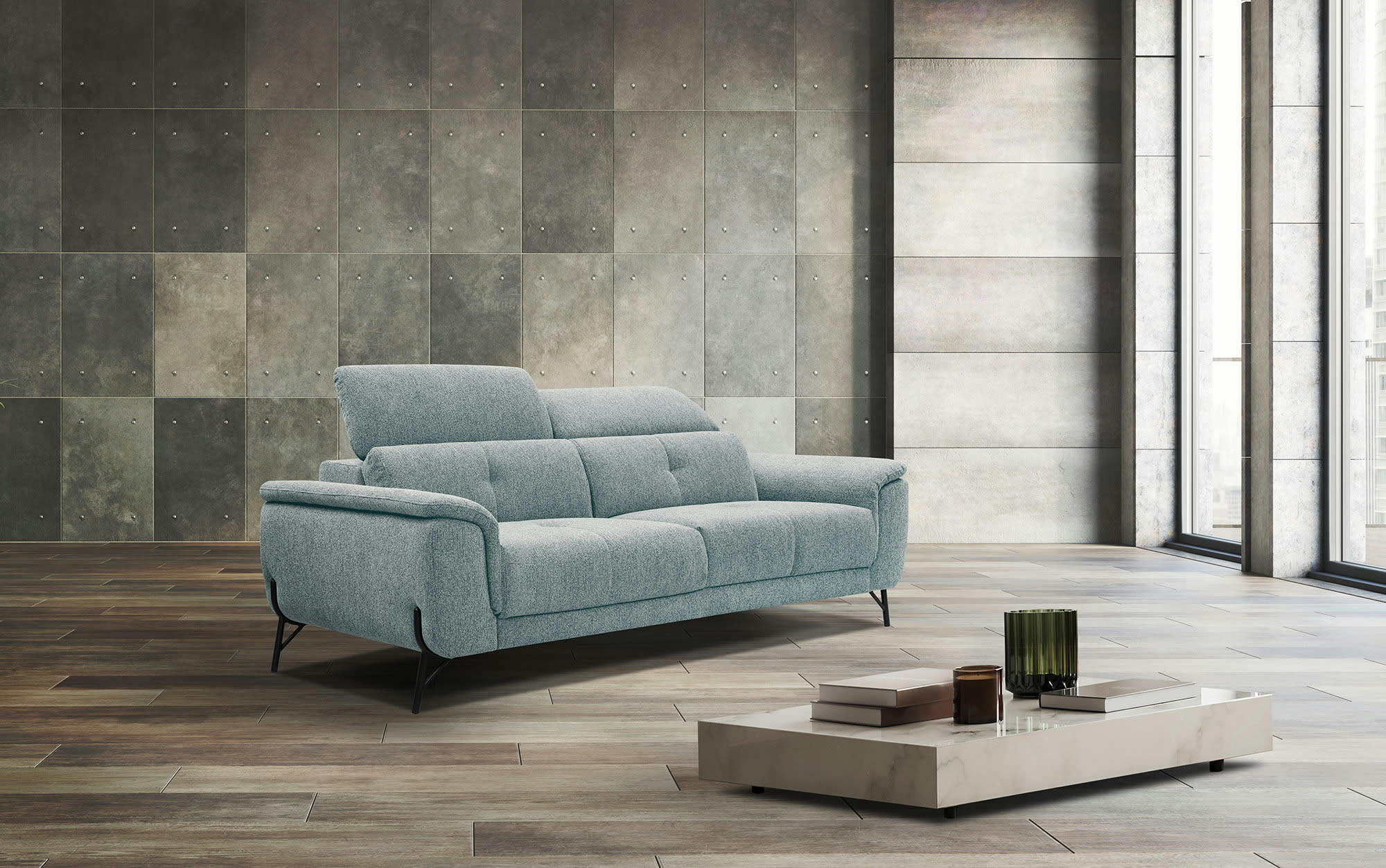 AVENA - Canapé droit 3 places XXL tissu bleu clair