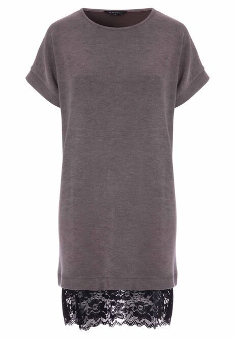 Womens Brown Lace Trim T-Shirt Dress