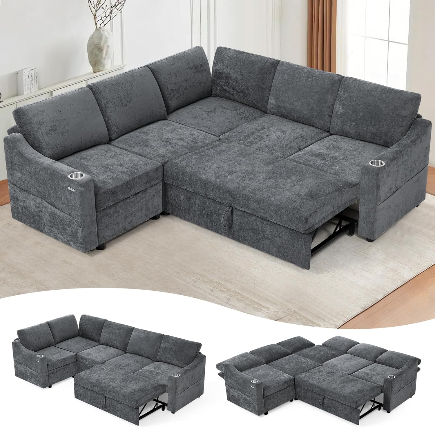 84 Chenille Modular Sofa Bed w/Adjustable Backrests, L-Shape Sleeper Sofa w/USB Ports & Storage Space, Convertible Corner Sectional Couch w/Pull Out Bed for House, Living Room, Grey
