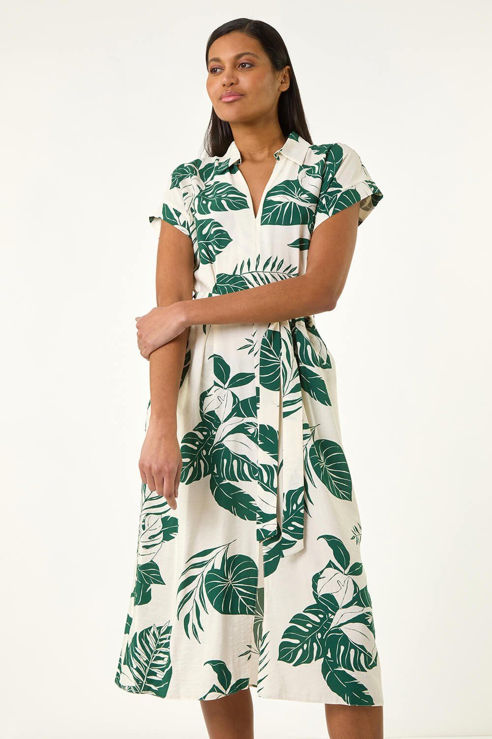 Roman Leaf Print Belted Shirt Midi Dress