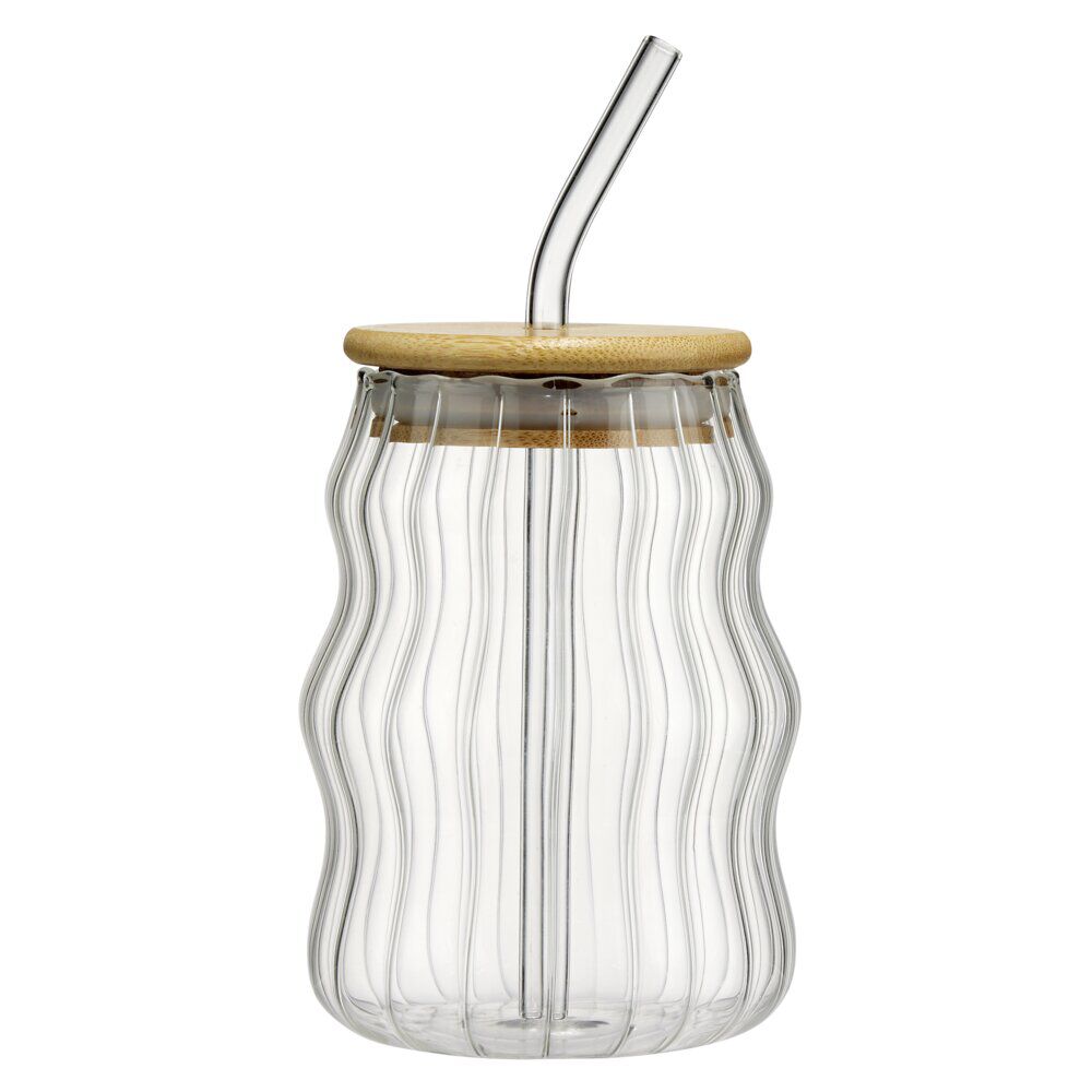 Gobelet en verre 54cl effet vague avec paille et couvercle bambou Ø9xH13cm