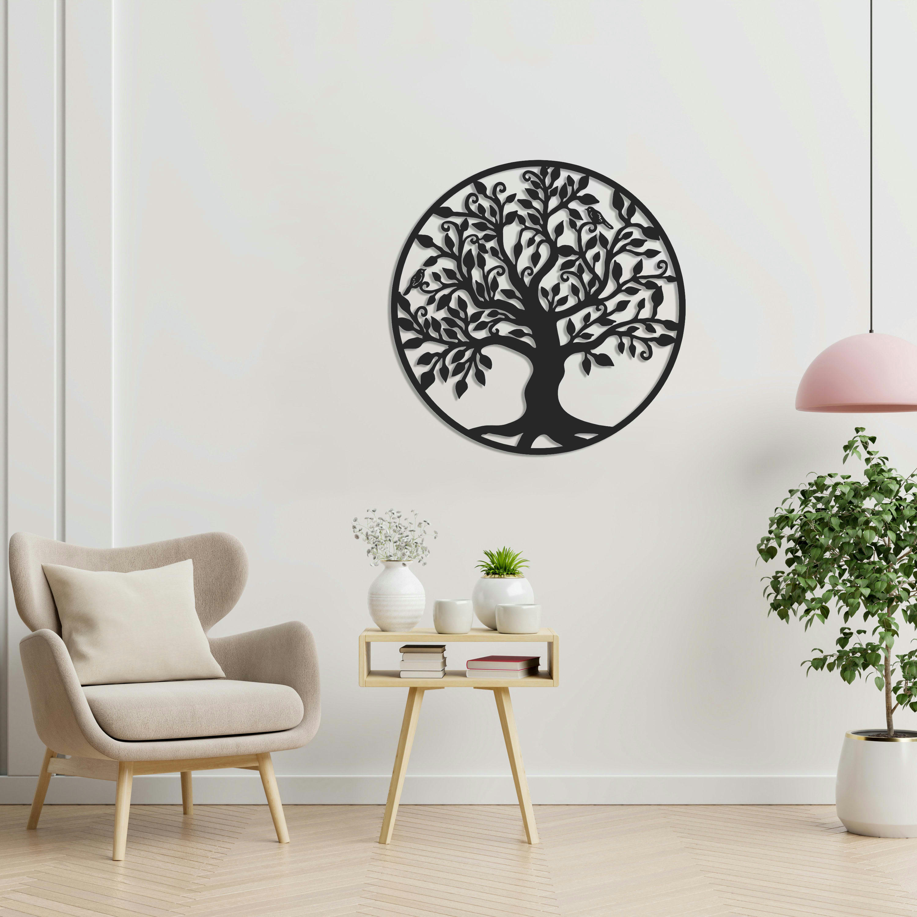 - Déco murale arbre de vie et oiseaux cercle en métal noir 75 cm