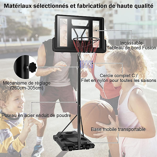 Panier de Basket Panier de Basket Ball de Panneau Arriere Incassable Portatif Reglable en Hauteur