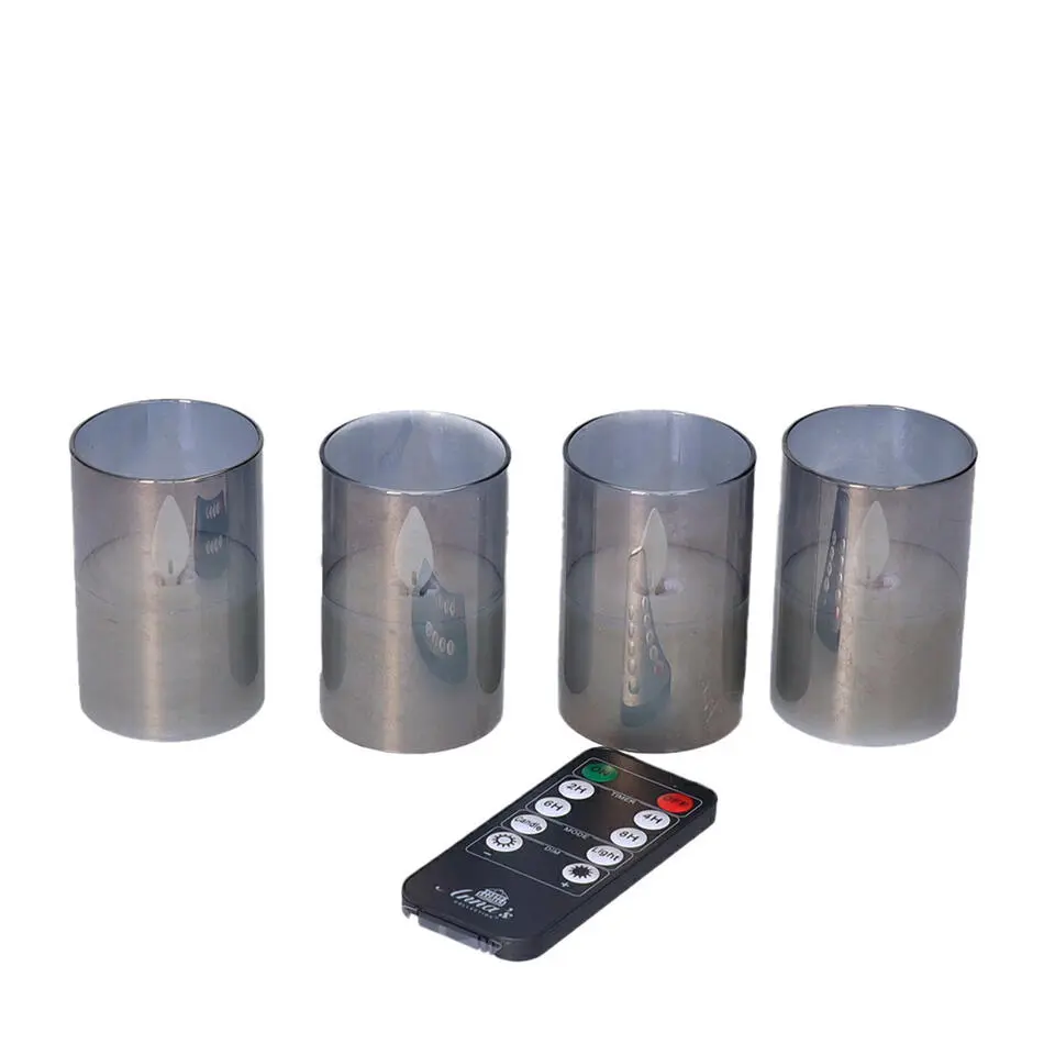 Anna's Collection LED kaarsen in glas -4x - grijs -oplaadstation