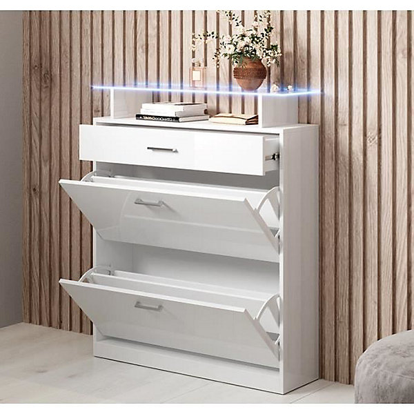 Meuble à chaussures LED - Mélamine brillant - Blanc - 105x89x24 cm