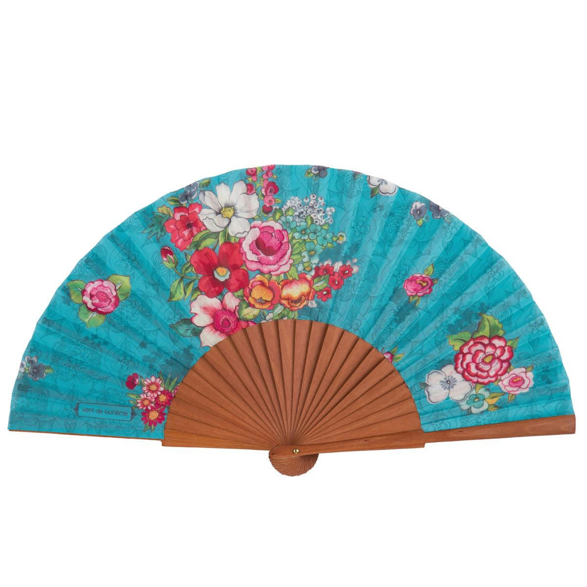 HANAMI - Éventail en bois de merisier et coton motif fleuri Turquoise